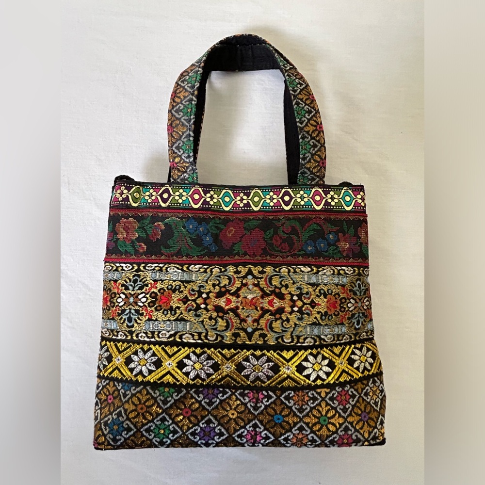 Y & S Mini Small Y2K Tote Bag Handbag Purse Embroidered Metallic Stripes Ethnic